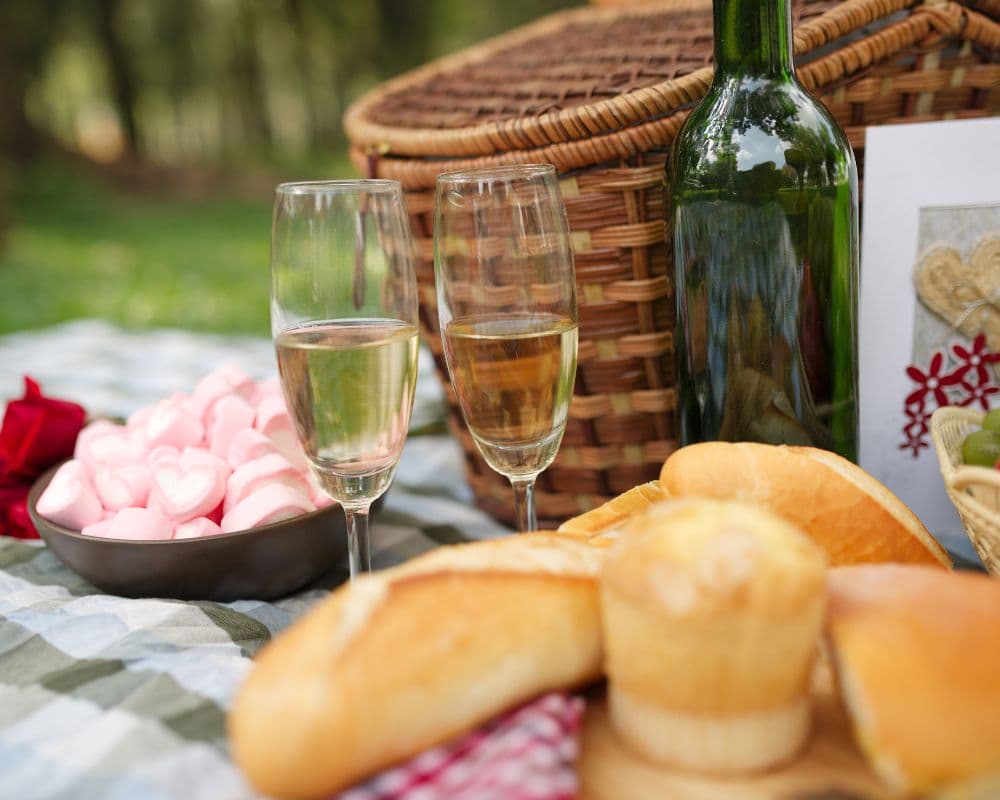A picnic setup featuring two glasses of champagne, heart-shaped candies, a bottle of wine, and assorted baked goods beside a picnic basket.